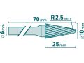 EXTOL fréza karbidová, konická zakulacená (R 2,5mm), pr.10x25mm/stopka 6mm,sek střední(double-cut) (8703784)