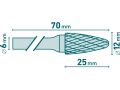 EXTOL fréza karbidová, kulatý oblouk, pr.12x25mm/stopka 6mm,sek střední(double-cut) (8703755)