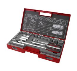 FORTUM sada nástrčných klíčů 27ks, 1/2", ráčna 72zubů, trhák, malé ořechy 1/2": 8-34mm, nástavce na svíčky 16-21mm, nástavce 125