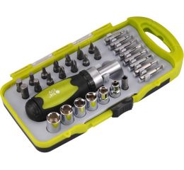 EXTOL šroubovák ráčnový s ořechy a hroty, sada 30ks, (-) 4-5,5-7mm, PH 0-1-2, PZ 1-2, HEX 4-5-6mm, T 10-15, nástrčné klíče 5-6-7