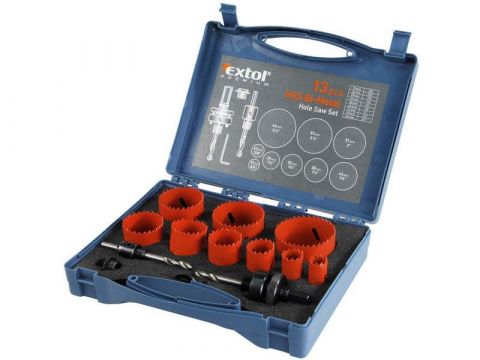 EXTOL vrtáky korunkové, univerzální, sada 13ks, 19-22-29-35-38-44-51-57-64mm, hloubka vrtání 38mm, použití: dřevo, plasty, sádro