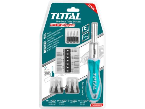 TOTAL Šroubovák řáčnový s hroty, sada 24ks, 16ks 6.35x25mm hrotů: SL3,SL4,SL5,SL6,SL6,SL7,PH1,PH2,PH2,PH3,PZ1,PZ2,T10,T15,T20,T2