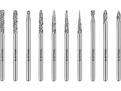 EXTOL INDUSTRIAL frézy mini, karbidové, sada 10ks, ?3mm, sek střední (double-cut) (8703800)